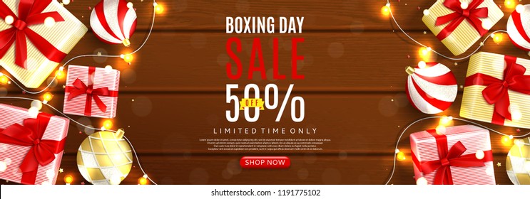Happy Boxing Day Messages, Wishes, Quotes, And Images 78 Boxing day sale web banner. Top view on realistic gift boxes and Christmas balls on rustic wooden texture. Vector illustration with confetti and effect bokeh.