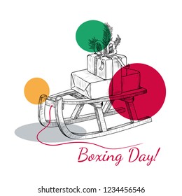 
Boxing day. Sketch of gift boxes on a wooden sled.
Vintage vector illustration.