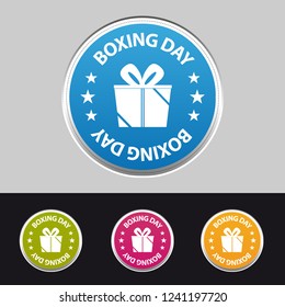 Boxing Day Sticker Button With Gift - Colorful Vector Illustration - Isolated On Gray And Black Background