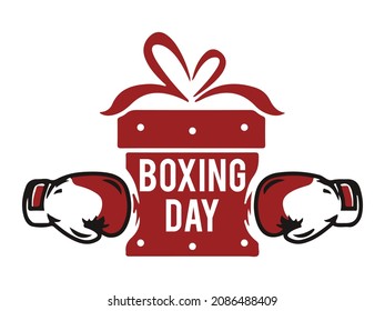 Boxing day text on a gift box and boxing gloves. Promotional post for boxing day. Print, social media. 