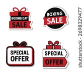 Boxing Day Sale’, ‘Mega Discount’, ‘Special Offer’, ‘Limited Time Deal’, and ‘Up to 70% Off’. Designed with bold typography, clean shapes, and eye-catching red and festive holiday colors 