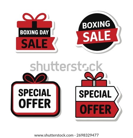 Boxing Day Sale’, ‘Mega Discount’, ‘Special Offer’, ‘Limited Time Deal’, and ‘Up to 70% Off’. Designed with bold typography, clean shapes, and eye-catching red and festive holiday colors 