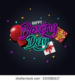 Boxing day typography background with boxing gloves, gift box and decorative element on black