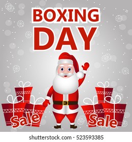 Boxing day. Vector illustration for banners, backgrounds, postcards, flyers. Santa Claus surrounded by gifts on a background snow and snowflakes .