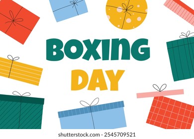 Boxing Day. Vector poster Boxing Day card with gifts. Flat style.