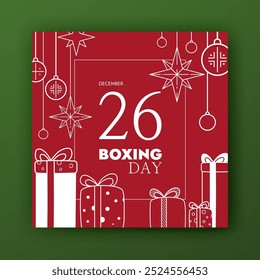 Boxing day vector square banner template. Holiday sale announcement. Cute winter contour layout. Christmas ornaments, big wrapped gift boxes ribbon tied. Festive ads design. Funny social media post