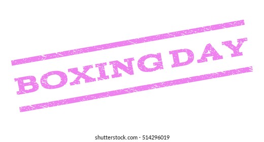 Boxing Day watermark stamp. Text tag between parallel lines with grunge design style. Rubber seal stamp with dust texture. Vector violet color ink imprint on a white background.