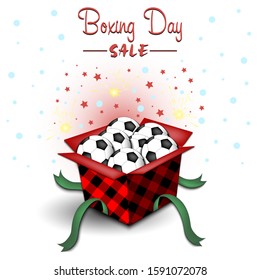 Boxing day. Winter sale. Open gift box with soccer balls. Stars, polka dots and snowflakes on the background. Christmas present. Pattern for banner, poster, flyer, invitation. Vector illustration