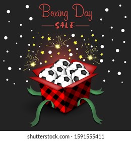 Boxing day. Winter sale. Open gift box with soccer balls. Stars, polka dots and snowflakes on the background. Christmas present. Pattern for banner, poster, flyer, invitation. Vector illustration