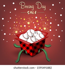 Boxing day. Winter sale. Open gift box with baseball balls. Stars, polka dots and snowflakes on the background. Christmas present. Pattern for banner, poster, flyer, invitation. Vector illustration