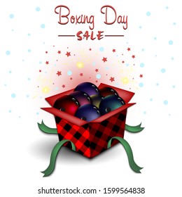 Boxing day. Winter sale. Open gift box with bowling balls. Stars, polka dots and snowflakes on the background. Christmas present. Pattern for banner, poster, flyer, invitation. Vector illustration