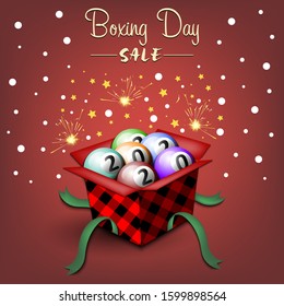 Boxing day. Winter sale. Open gift box with billiard balls. Stars, polka dots and snowflakes on the background. Christmas present. Pattern for banner, poster, flyer, invitation. Vector illustration