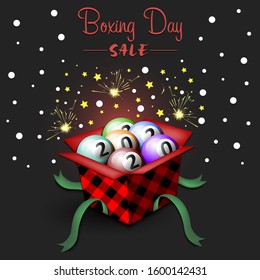 Boxing day. Winter sale. Open gift box with billiard balls. Stars, polka dots and snowflakes on the background. Christmas present. Pattern for banner, poster, flyer, invitation. Vector illustration