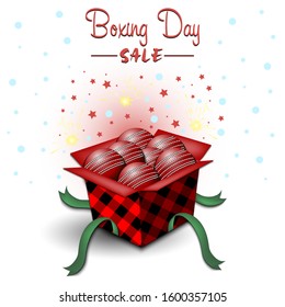 Boxing day. Winter sale. Open gift box with cricket balls. Stars, polka dots and snowflakes on the background. Christmas present. Pattern for banner, poster, flyer, invitation. Vector illustration