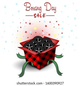 Boxing day. Winter sale. Open gift box with car wheels. Stars, polka dots and snowflakes on the background. Christmas present. Pattern for banner, poster, flyer, invitation. Vector illustration