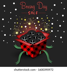 Boxing day. Winter sale. Open gift box with car wheels. Stars, polka dots and snowflakes on the background. Christmas present. Pattern for banner, poster, flyer, invitation. Vector illustration
