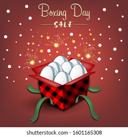 Boxing day. Winter sale. Open gift box with rugby balls. Stars, polka dots and snowflakes on the background. Christmas present. Pattern for banner, poster, flyer, invitation. Vector illustration