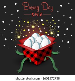 Boxing day. Winter sale. Open gift box with rugby balls. Stars, polka dots and snowflakes on the background. Christmas present. Pattern for banner, poster, flyer, invitation. Vector illustration
