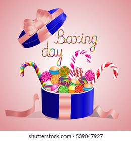 Boxing day.Lollipops collection in gift box with bow and ribbons. Candy on stick with twisted design. Vector illustration.Candy box.