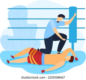 Boxing defeat, impossible stand up , loser player, lying contestant, competition concept, design, flat style vector illustration.