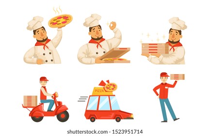 Boxing and delivery of hot pizza. Vector illustration.