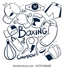 Boxing drawing vector icons. Hand drawn Boxing sports scribbles illustrations. Boxing doodles vector