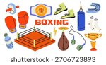 Boxing elements in cartoon doodle style. Sports equipment, boxing gloves, ring, punching bag, skipping rope, winner