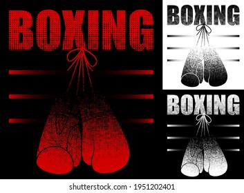 Boxing emblem. Inscription with name of sport game BOXING from dots with sports gloves hanging on wall. Design element, print for clothes. Vector