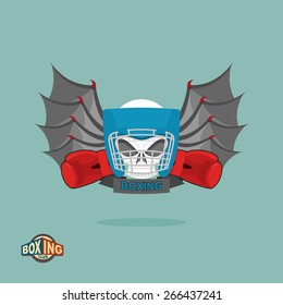 Boxing emblem. Skull in  helmet with gloves, with wings