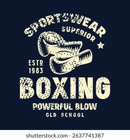 Boxing emblem for t-shirt. Graphic design with rough texture. Light print on black background