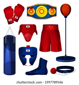 Boxing equipment, game tools collection. Vector flat icon of gloves, trunks, shoe, headgear, groin protector, speed bag and punch bag, boxing belt. Combat, individual sport accessories, realistic set.