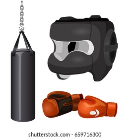 Boxing equipment punchbag on chain, protective headgear mask, leather gloves