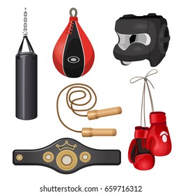 Boxing equipment punchbag on chain, protective headgear mask, leather gloves