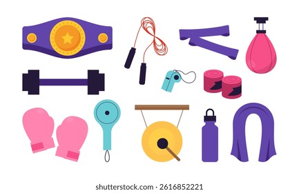 Boxing Equipment Tools Set. Flat Illustration Icon Collection for Training and Fitness.