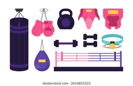 Boxing Equipment Tools Set. Flat Illustration Icon Collection for Training and Fitness.