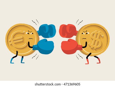 Boxing Euro vs Dollar. Vector illustration about exchange rate, confrontation euro and dollar, the economy and financial markets in Europe, the U.S. and around the world.