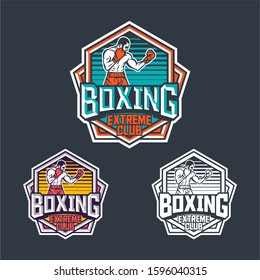 Boxing extreme club retro badge logo emblem design with boxer illustration pack