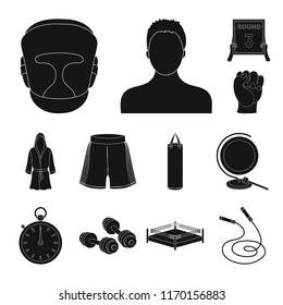 Boxing extreme sports black icons in set collection for design. Boxer and attributes vector symbol stock web illustration.