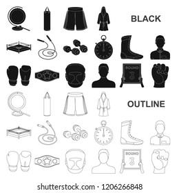 Boxing extreme sports black icons in set collection for design. Boxer and attributes vector symbol stock web illustration.