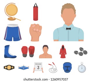 Boxing extreme sports cartoon icons in set collection for design. Boxer and attributes vector symbol stock web illustration.