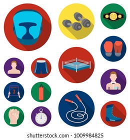 Boxing extreme sports flat icons in set collection for design. Boxer and attributes vector symbol stock web illustration.