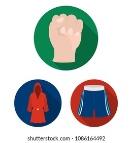 Boxing extreme sports flat icons in set collection for design. Boxer and attributes vector symbol stock web illustration.