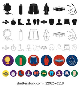 Boxing extreme sports flat icons in set collection for design. Boxer and attributes vector symbol stock web illustration.