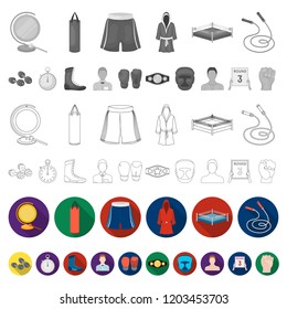 Boxing extreme sports flat icons in set collection for design. Boxer and attributes vector symbol stock web illustration.
