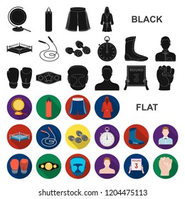 Boxing extreme sports flat icons in set collection for design. Boxer and attributes vector symbol stock web illustration.