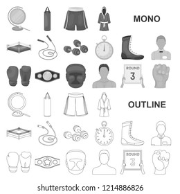 Boxing extreme sports monochrom icons in set collection for design. Boxer and attributes vector symbol stock web illustration.