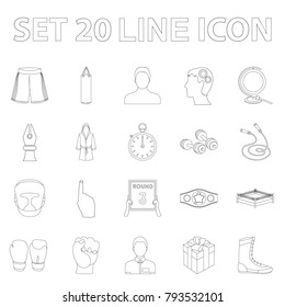 Boxing extreme sports outline icons in set collection for design. Boxer and attributes vector symbol stock web illustration.