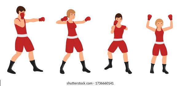 Boxing family, Man, woman, boy and girl are engaged in boxing. Father, mother, son and daughter are training together. Vector Illustration on a white background