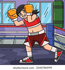 Boxe Feminino Boxer Bloqueando Desenho Animado Colorido 