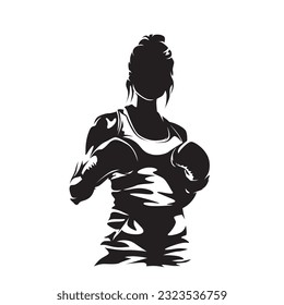 Boxing, female boxer, isolated vector silhouette, ink drawing, front view